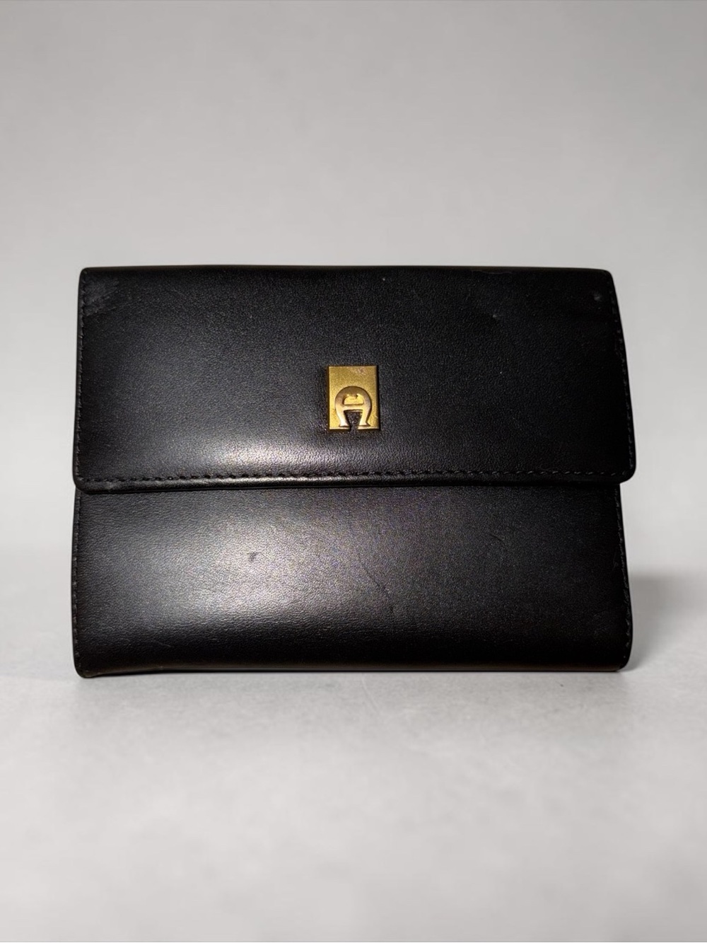 Vintage Etienne Aigner Black Leather Wallet with Gold Logo Accent